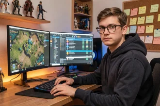 Joueur de DOFUS planifiant ses succès et objectifs sur deux écrans avec des notes manuscrites et cartes de jeu