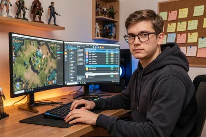 Joueur de DOFUS planifiant ses succès et objectifs sur deux écrans avec des notes manuscrites et cartes de jeu