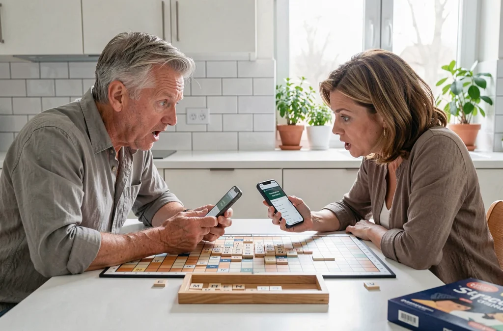 Deux joueurs de Scrabble consultant un validateur de mots en ligne pour savoir si YE est accepté en 2026