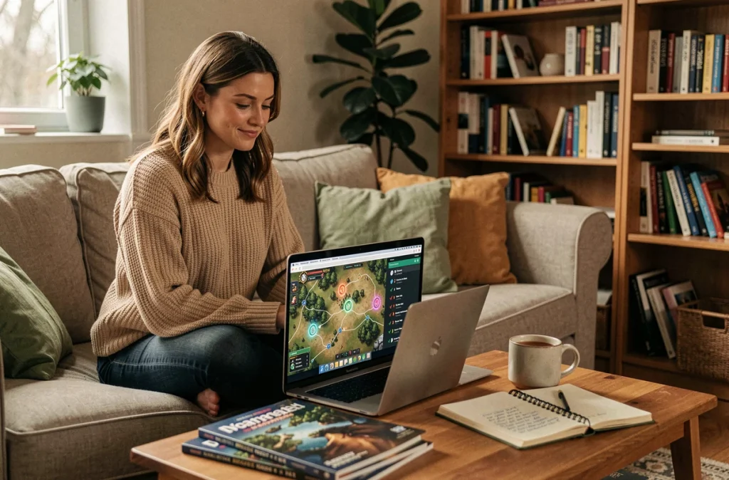 Joueuse DOFUS consultant une carte de portails et liste de succès sur son canapé avec un carnet de stratégie