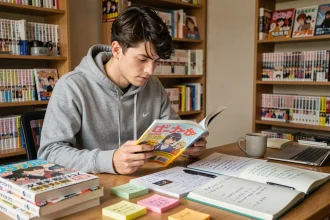 Jeune homme lisant le scan One Piece chapitre 1139 en version française et japonaise avec des annotations comparatives sur son bureau