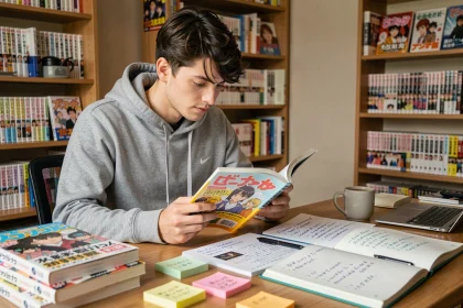 Jeune homme lisant le scan One Piece chapitre 1139 en version française et japonaise avec des annotations comparatives sur son bureau