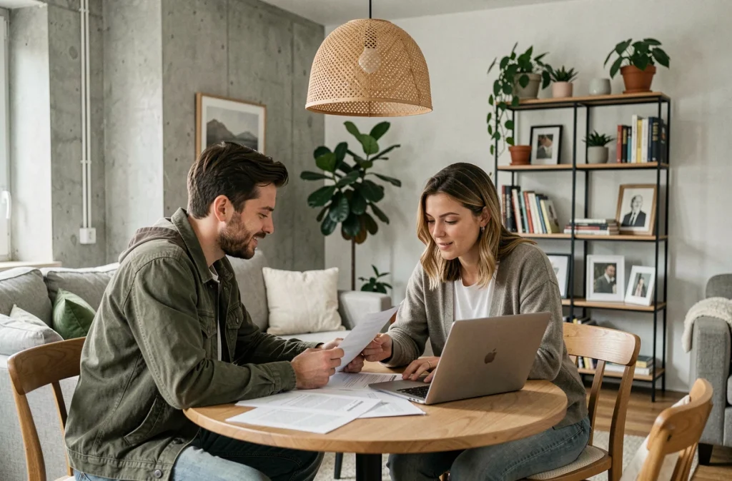 Deux locataires signant un contrat de location meublée dans un appartement contemporain à Bordeaux