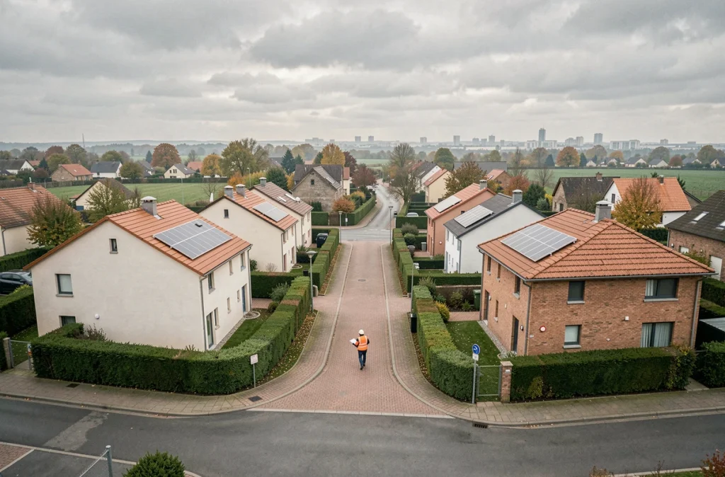 Vue aérienne d'un lotissement de maisons passives en périphérie d'une ville française avec panneaux solaires et haies végétales