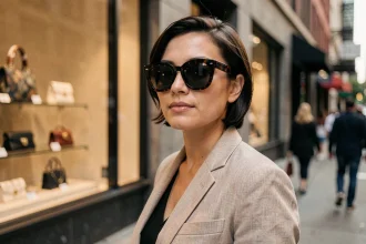 Femme portant des lunettes de soleil à monture épaisse écaille de tortue dans une rue commerçante animée