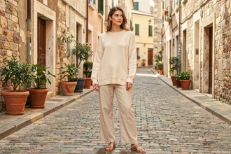 Femme portant un pull maille oversize crème avec un pantalon large en lin lors d'une promenade urbaine estivale