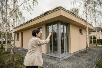 Femme inspectant la façade isolée d'une maison passive en périphérie urbaine avec fenêtres triple vitrage et toit végétalisé