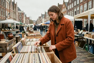 Femme explorant un marché aux puces vintage à Lille avec des disques vinyles et des objets chinés