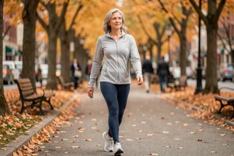 Femme d'âge mûr marchant d'un pas vif dans un parc en automne pour améliorer sa tension artérielle