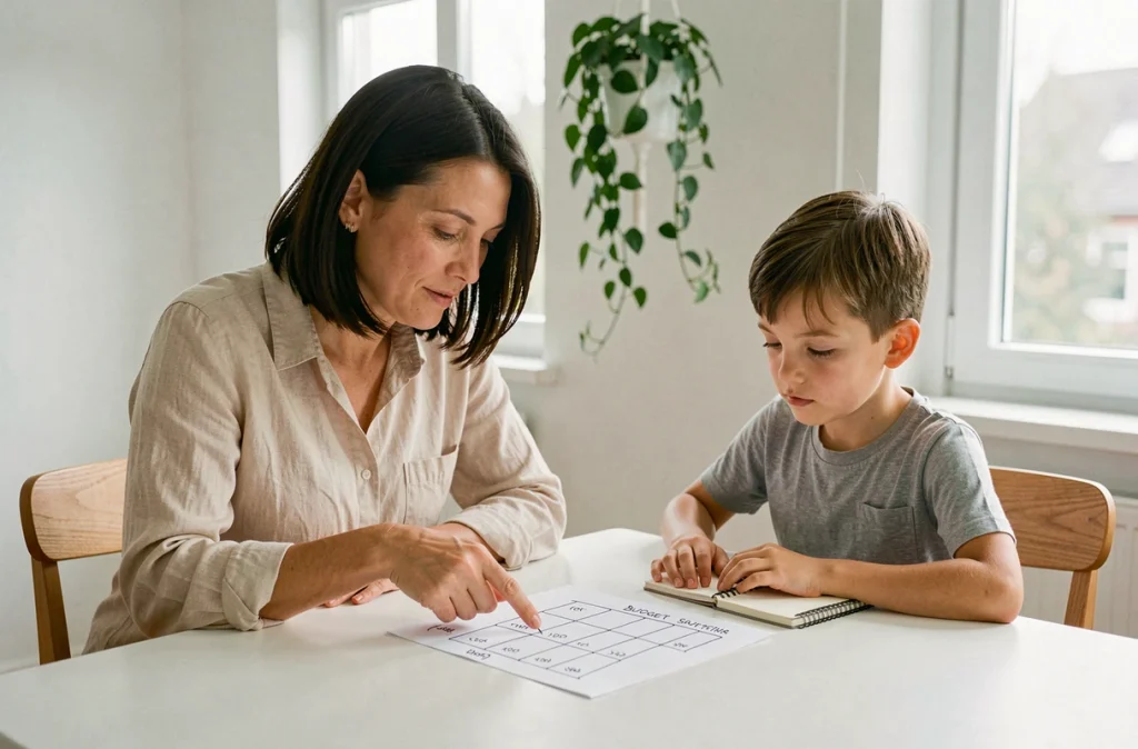 Mère expliquant la gestion du budget à son jeune fils autour d'un tableau dessiné à la main