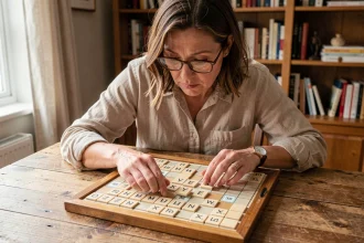 Femme plaçant les lettres du mot YE sur un plateau de Scrabble en bois lors d'une partie à domicile