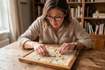 Femme plaçant les lettres du mot YE sur un plateau de Scrabble en bois lors d'une partie à domicile