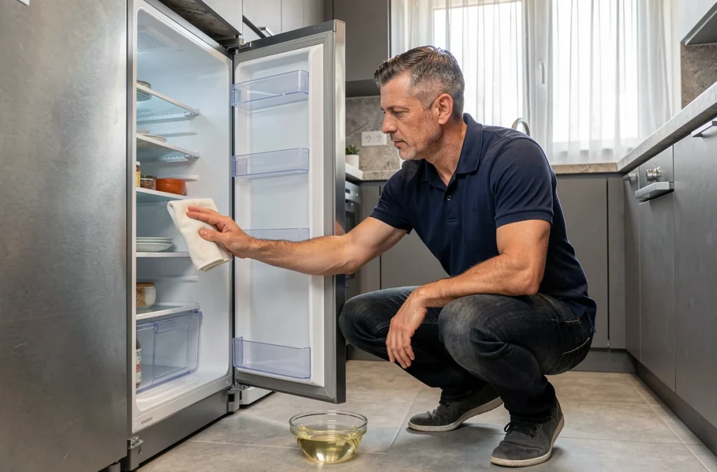 Homme nettoyant l'intérieur d'un réfrigérateur avec un chiffon microfibre dans une cuisine moderne