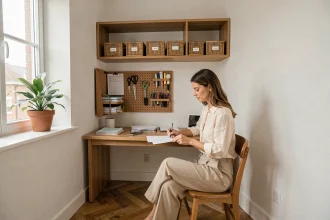 Femme organisant un coin bureau compact avec étagères et rangements muraux dans un petit appartement