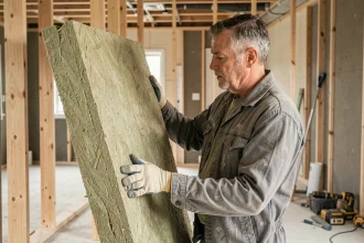 Ouvrier du bâtiment inspectant un panneau de laine minérale pour l'isolation thermique dans une maison en construction