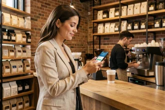 Une femme paie avec une cryptomonnaie via son smartphone dans un café moderne