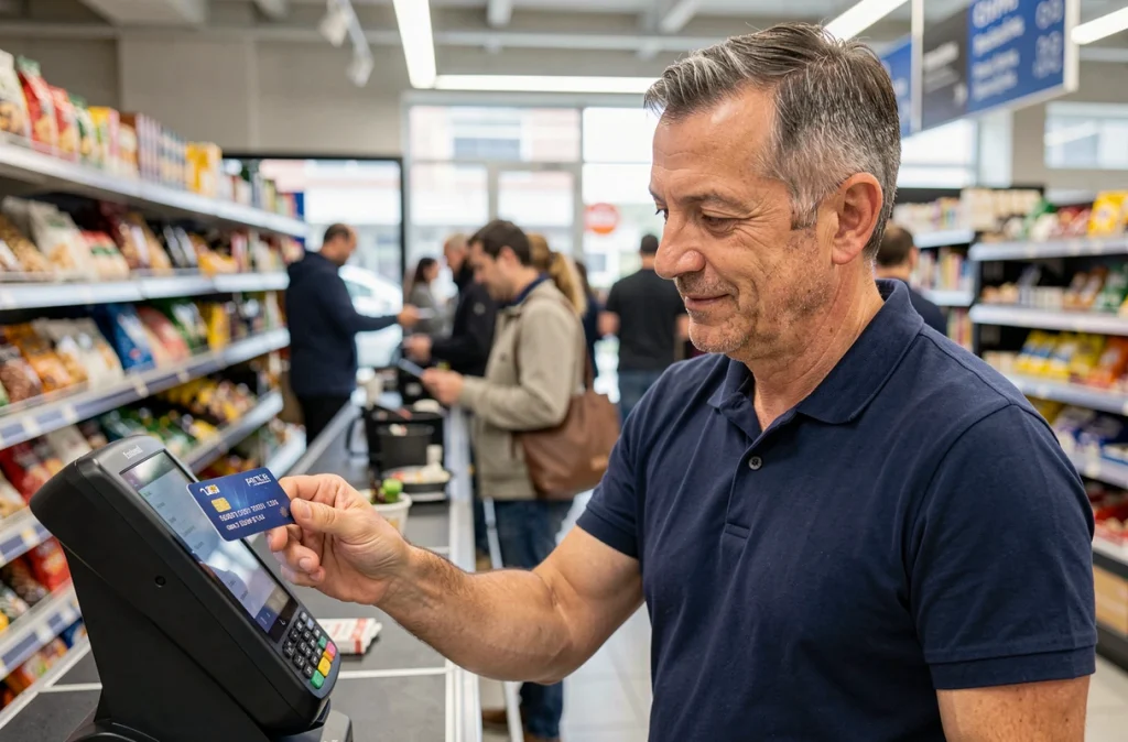 Homme effectuant un paiement sans contact par carte bancaire en supermarché