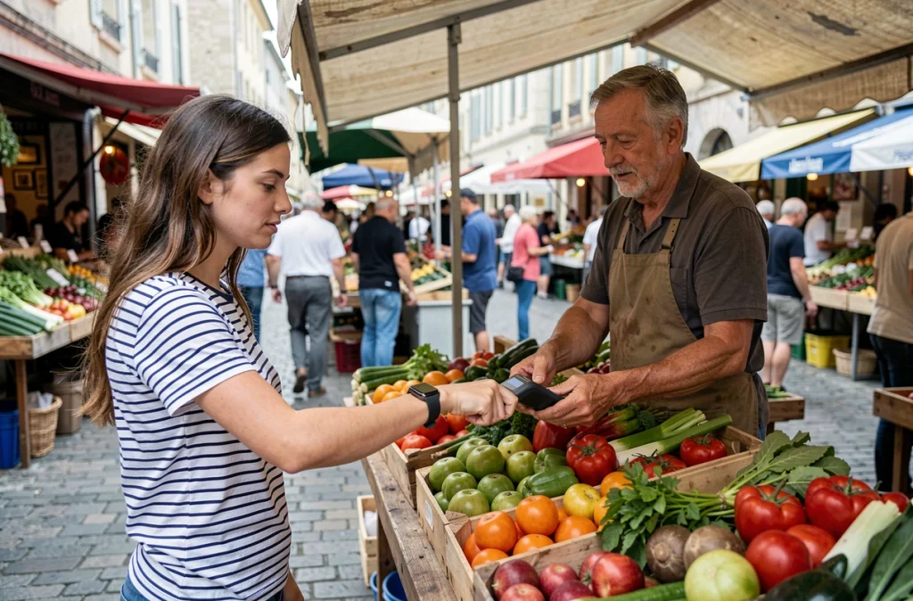 Paiement sans contact par montre connectée sur un marché de plein air en France