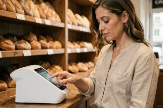 Femme utilisant son smartphone pour un paiement sans contact dans une boulangerie française