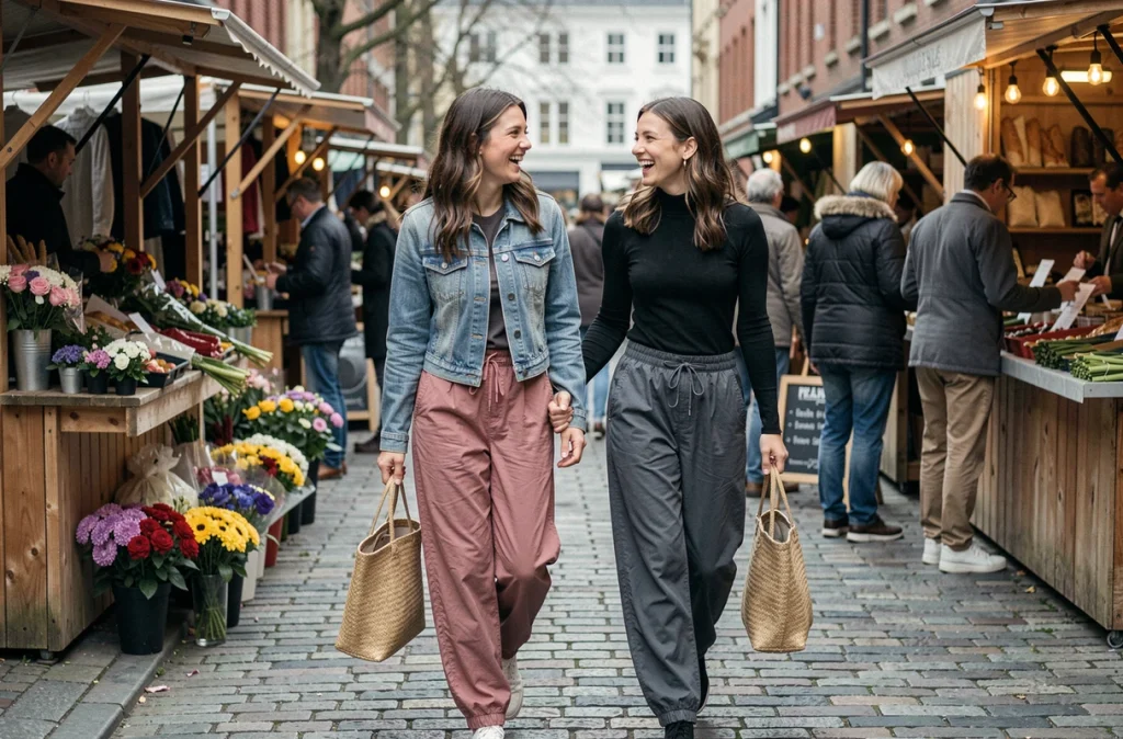 Deux femmes en pantalons parachute au marché en plein air, tendance mode confort chic automne