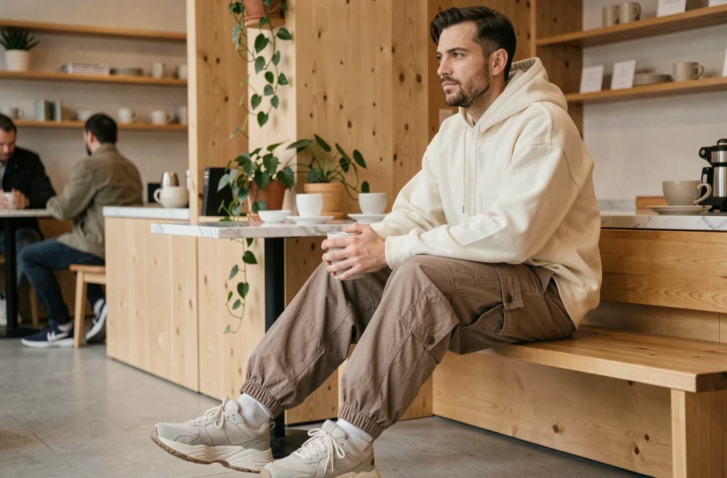 Homme en pantalon parachute taupe assis dans un café scandinave, look confort et style décontracté