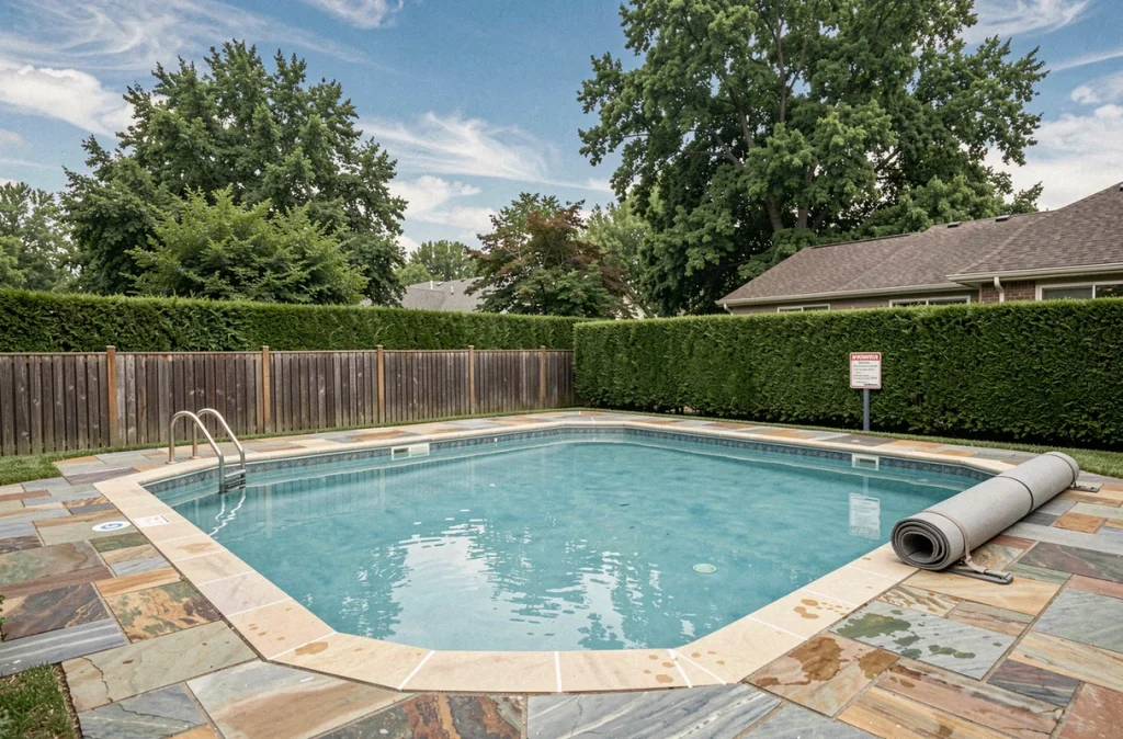 Piscine résidentielle installée avec clôture de sécurité et panneau réglementaire obligatoire