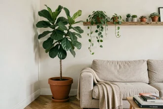 Coin salon moderne décoré de plantes d'intérieur dont un figuier lyré dans un pot en terre cuite et des plantes suspendues sur une étagère en bois brut