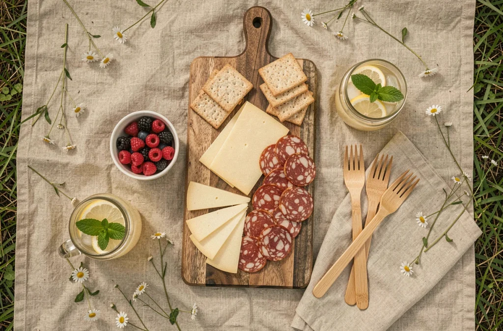 Vue aérienne d'un repas de pique-nique familial bien organisé avec fromages, fruits et limonade sur une couverture de lin