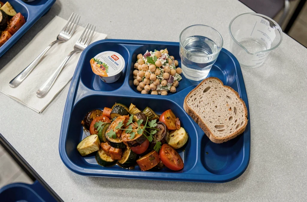 Plateau-repas végétarien complet en cantine scolaire avec ratatouille, salade de pois chiches, pain complet et yaourt sur table grise