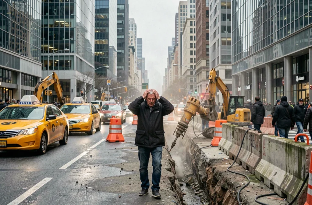 Scène urbaine bruyante avec chantier et circulation montrant l'impact sonore sur un passant stressé