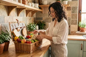 Femme préparant un panier de pique-nique familial dans une cuisine naturelle avec fruits et sandwichs