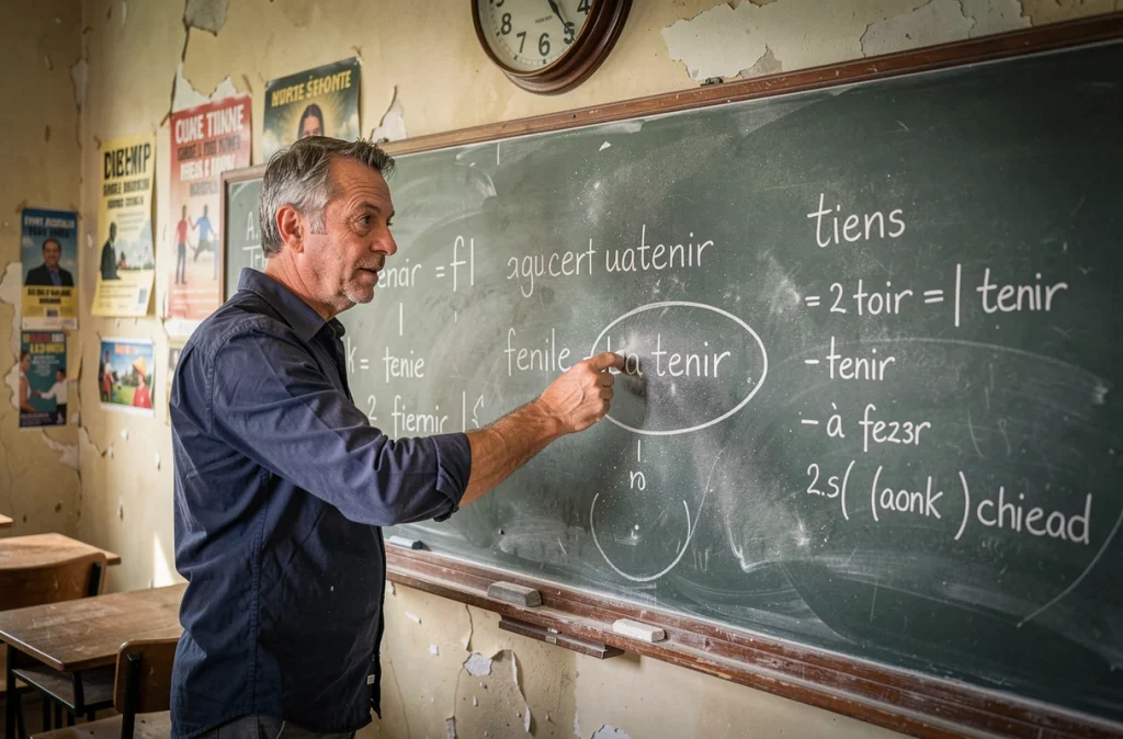 Professeur de français expliquant une règle grammaticale au tableau dans une salle de classe traditionnelle