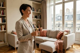 Propriétaire présentant un appartement meublé parisien à un locataire potentiel dans un salon de style haussmannien