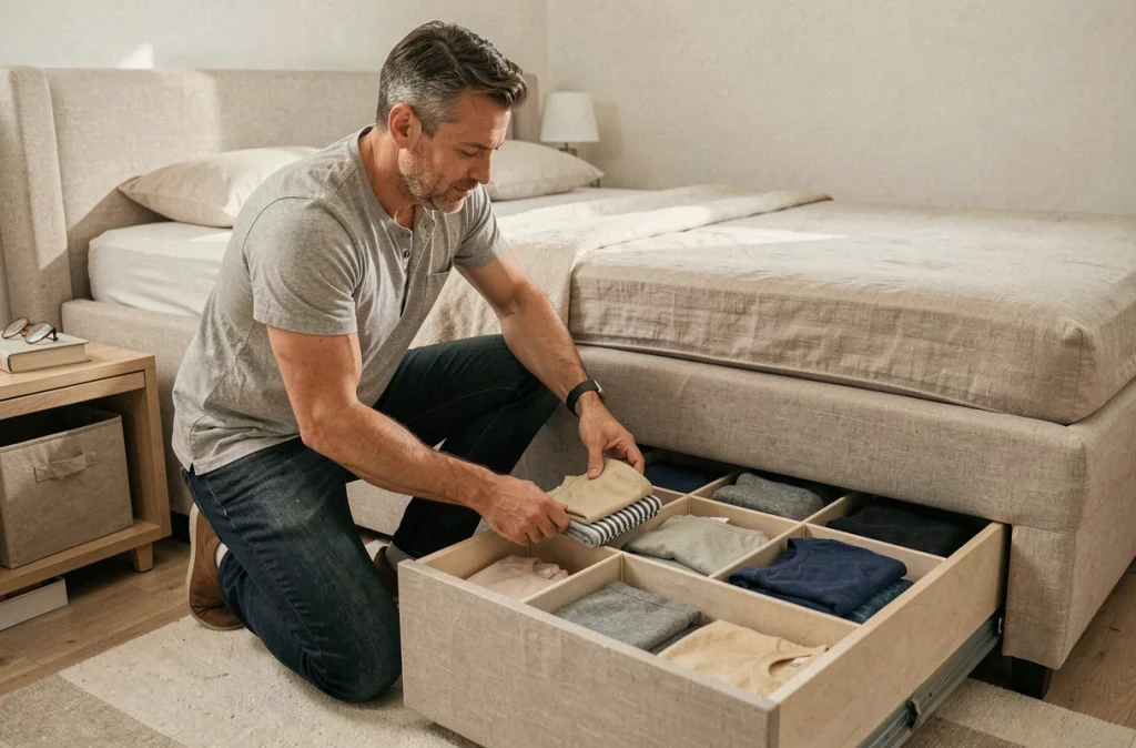Homme rangeant des vêtements dans des tiroirs sous le lit pour optimiser l'espace d'une petite chambre