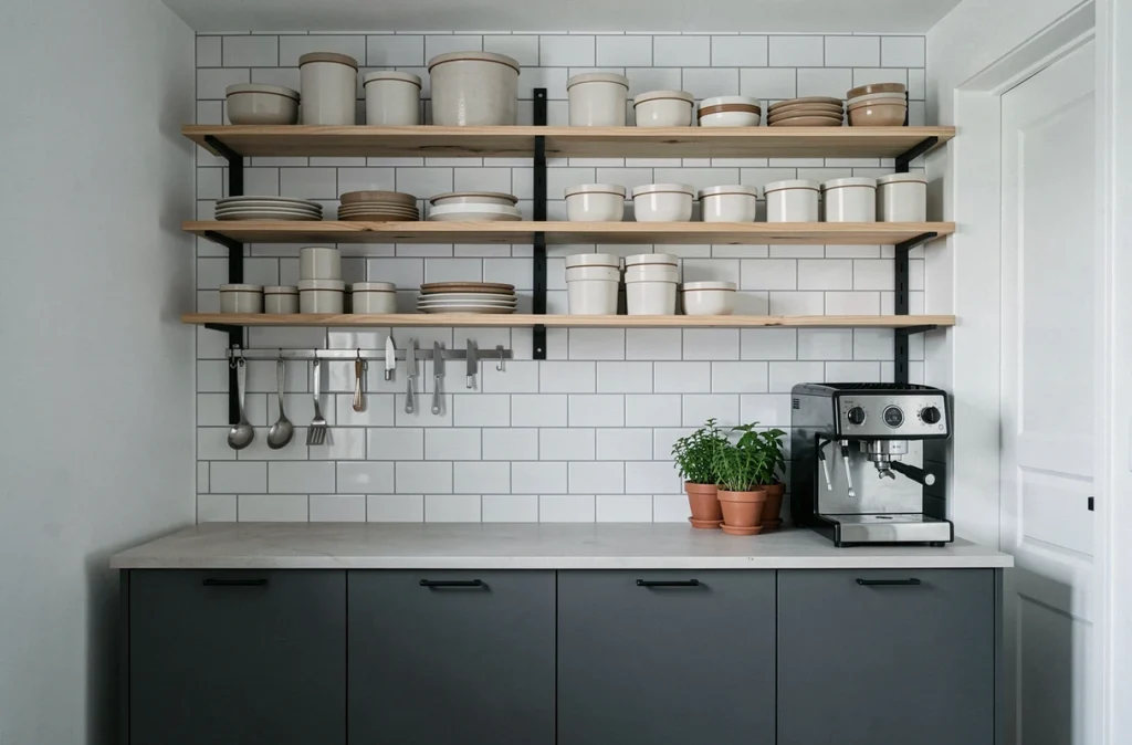 Cuisine compacte bien organisée avec rangements verticaux, étagères ouvertes et accessoires muraux