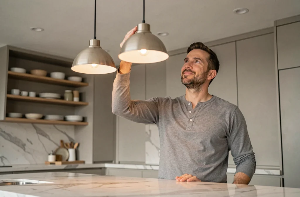 Homme ajustant une suspension au-dessus d'un îlot de cuisine en marbre dans une cuisine moderne