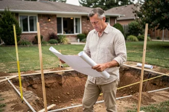 Propriétaire étudiant les plans de construction d'une piscine enterrée dans son jardin