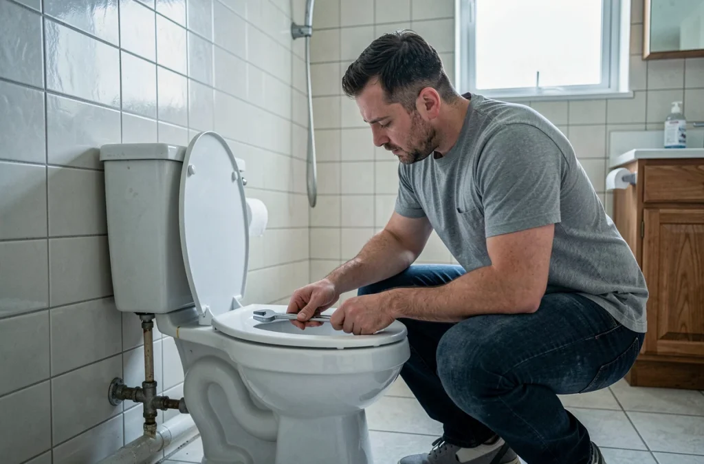Homme réparant une fuite sous les toilettes pour réduire la consommation d'eau domestique