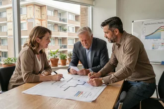 Réunion de copropriétaires autour de plans de rénovation énergétique dans une salle de réunion d'immeuble