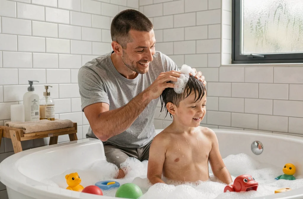 Père donnant le bain à son fils en bas âge dans une salle de bain familiale dans le cadre de la routine du soir