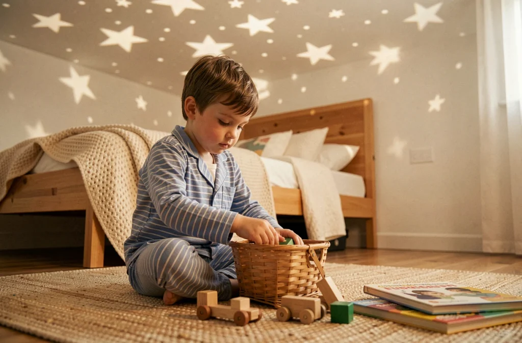 Jeune garçon en pyjama rangeant ses jouets dans sa chambre dans le cadre d'une routine apaisante du soir avant le coucher