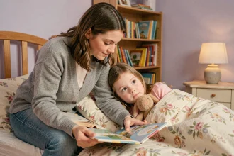 Mère lisant un livre illustré à sa fille avant le coucher dans une chambre d'enfant apaisante et décorée avec soin