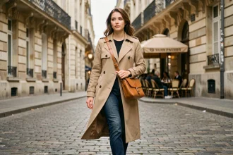 Femme portant un sac banane en cuir camel en bandoulière dans une rue pavée parisienne