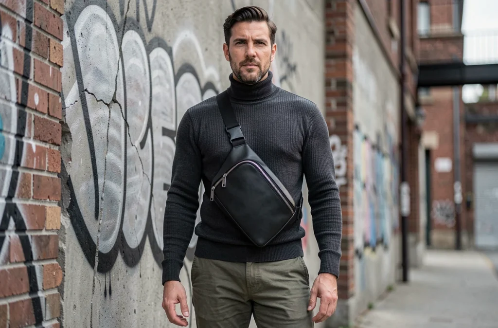 Homme en pull col roulé portant un sac banane en cuir noir autour de la taille en milieu urbain