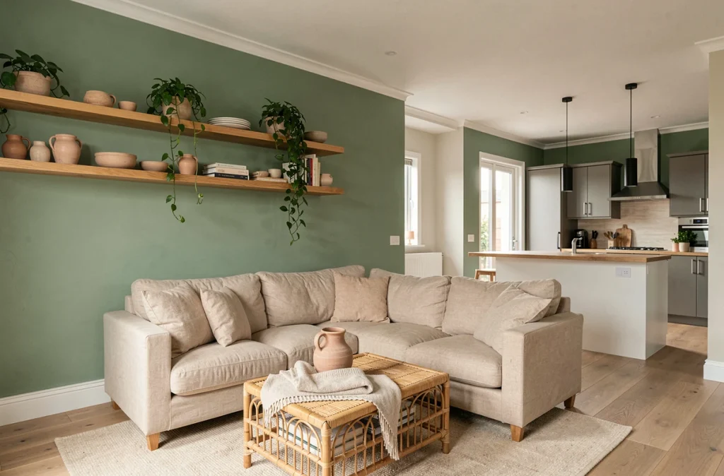 Salon moderne aux murs vert sauge avec mobilier naturel et décoration tendance