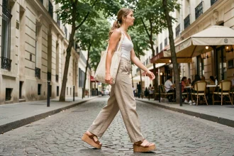 Femme portant des sandales à plateforme en liège avec des lanières en cuir brun, marchant sur un trottoir pavé parisien en tenue estivale décontractée