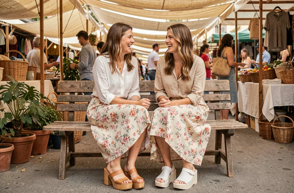 Deux femmes assises sur un banc en bois dans un marché estival, portant des modèles différents de sandales à plateforme tendance, tenues décontractées et ambiance conviviale