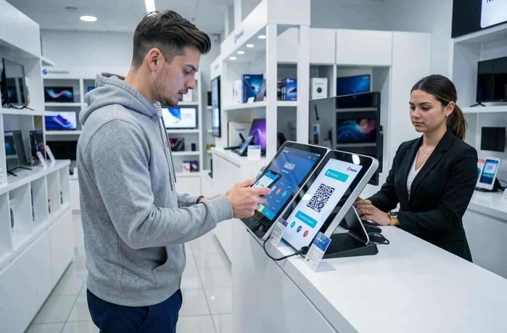 Un jeune homme scanne un QR code pour payer en cryptomonnaie dans un magasin de détail