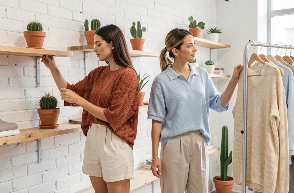 Deux femmes explorant des tops en maille oversize d'été dans une boutique de mode minimaliste et lumineuse