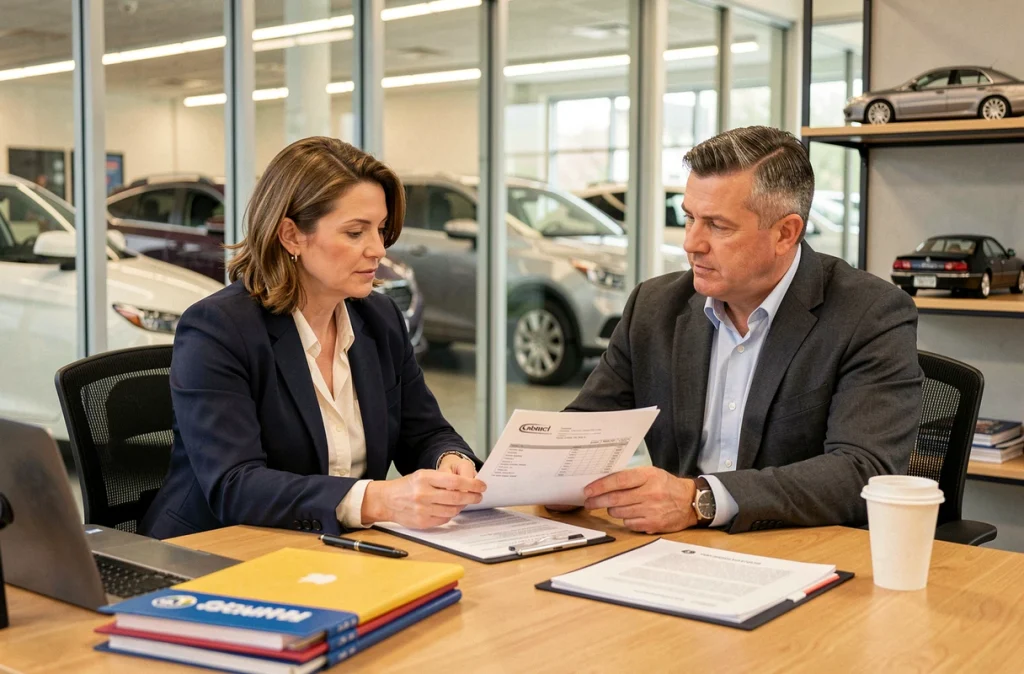 Femme révisant les documents d'achat d'un véhicule d'occasion avec un vendeur en concession